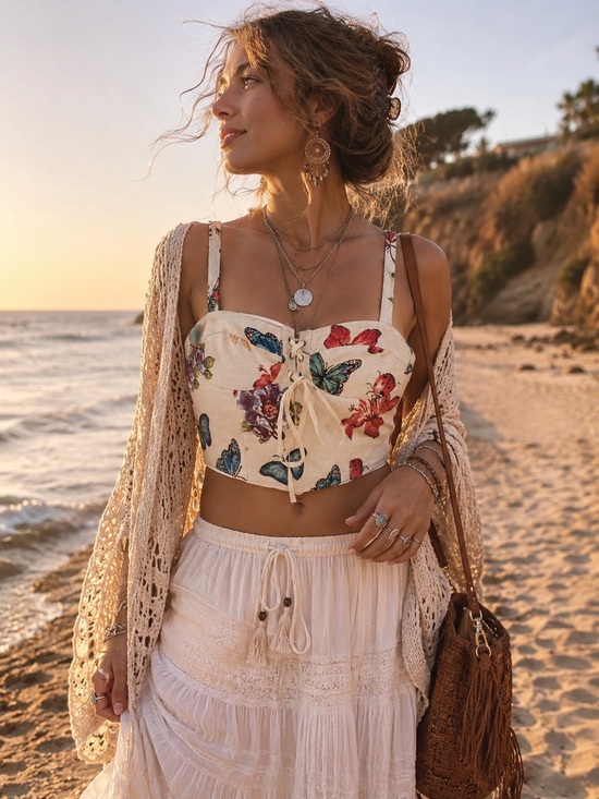 Cider Tops - Cider Butterfly Floral Tapestry Corset Crop Top Bustier Lace-Up Front NWT